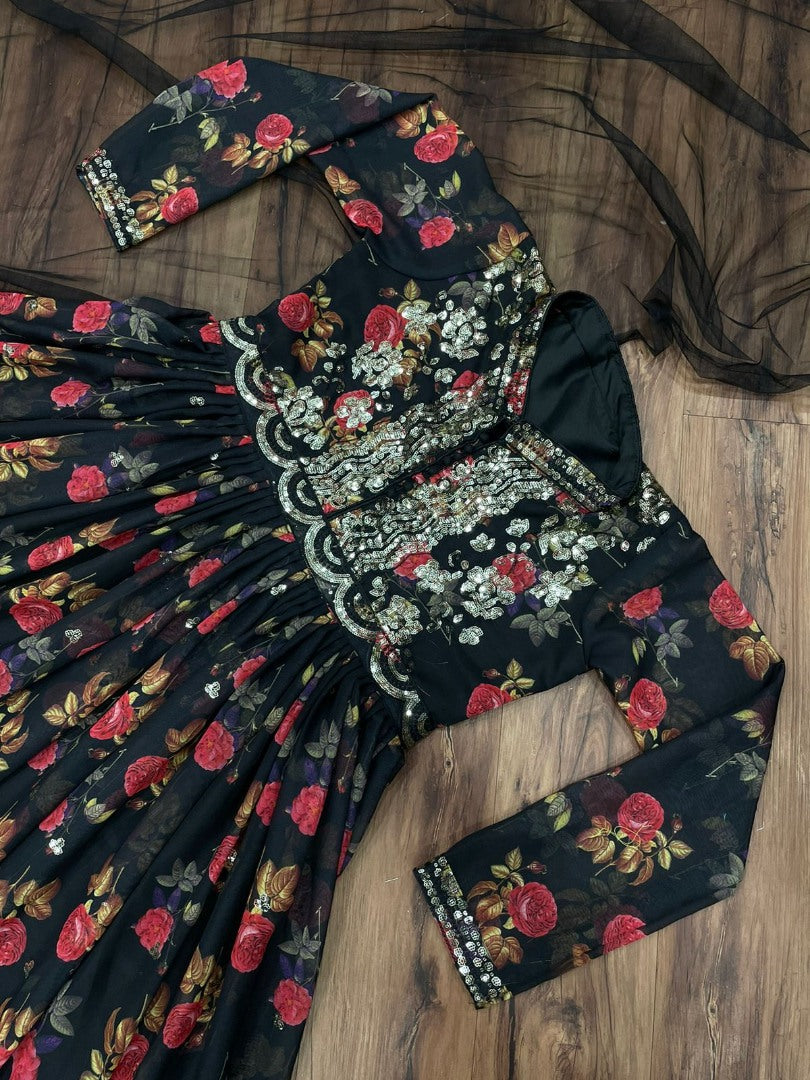 Black georgette flower printed sequence work gown
