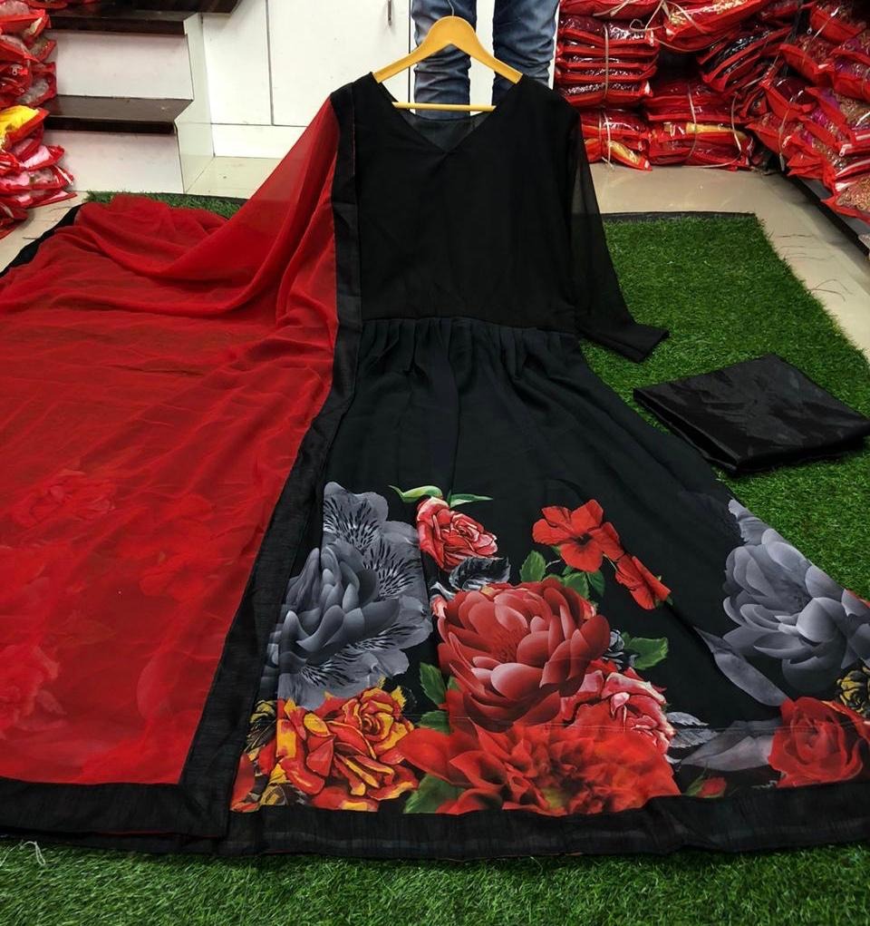 Black georgette flower printed stylist partywear anarkali suit