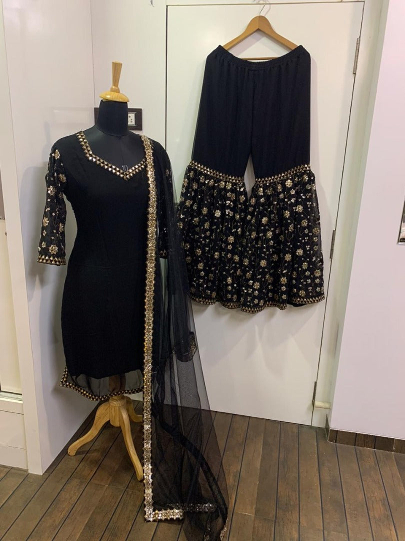 Black georgette foil mirror work sharara salwar suit