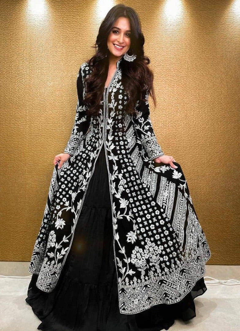 Black georgette gown with heavy embroidered shrug