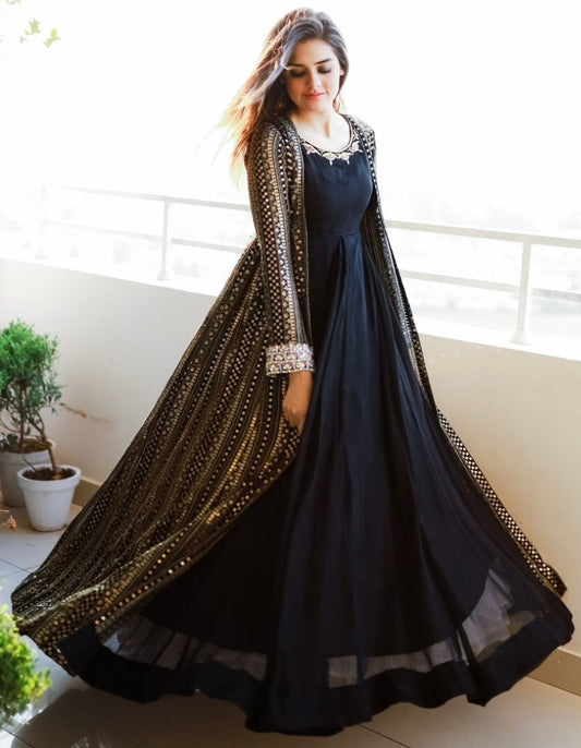 Black georgette gown with heavy embroidery work koti shrug
