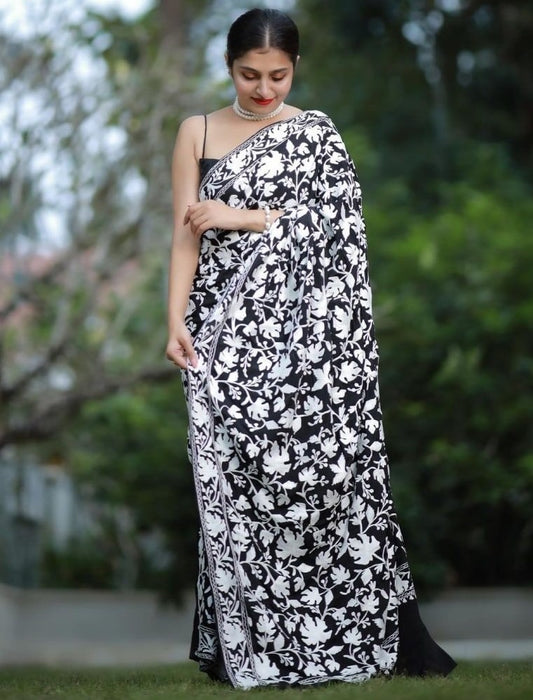 Black georgette heavy chain stitch work party wear saree