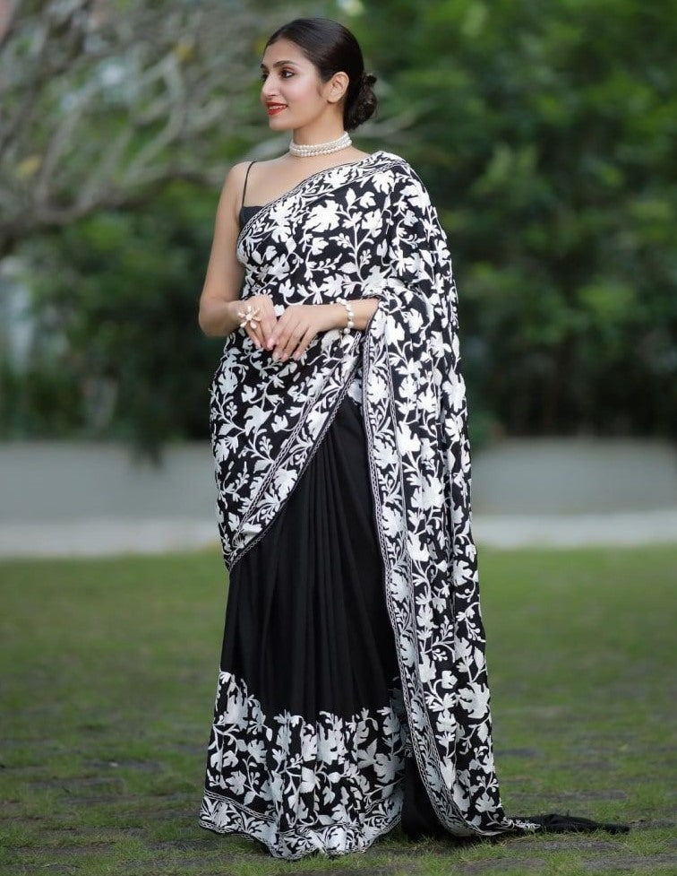 Black georgette heavy chain stitch work party wear saree