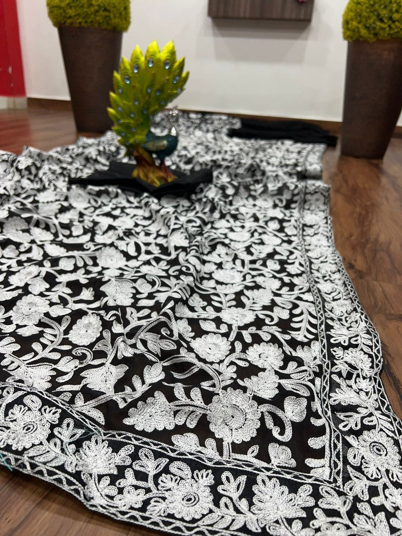 Black georgette heavy chain stitch work party wear saree