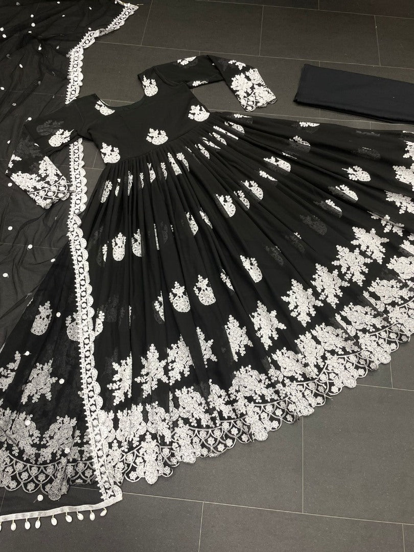 Black georgette heavy chainstitch embroidery party wear anarkali suit
