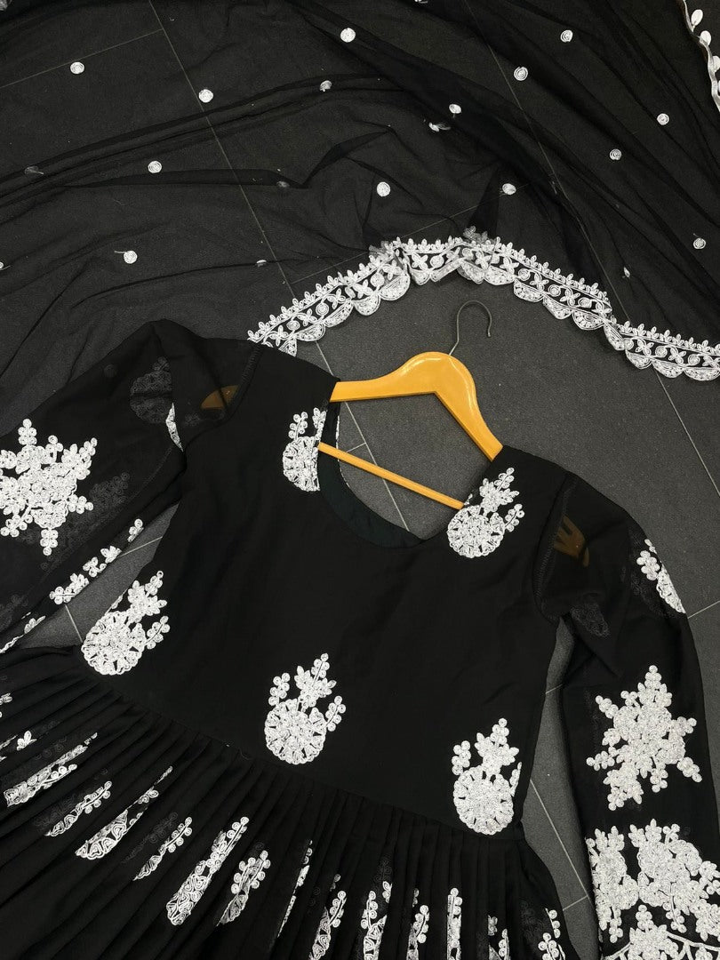 Black georgette heavy chainstitch embroidery party wear anarkali suit