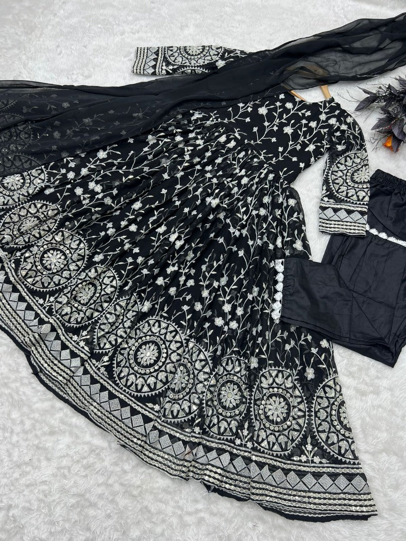 Black georgette heavy embroidered anarkali suit