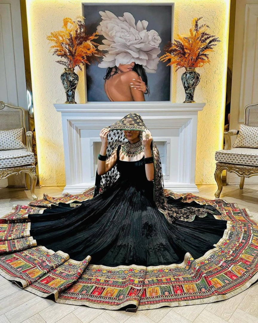 Black georgette heavy embroidered designer anarkali gown with hand bag