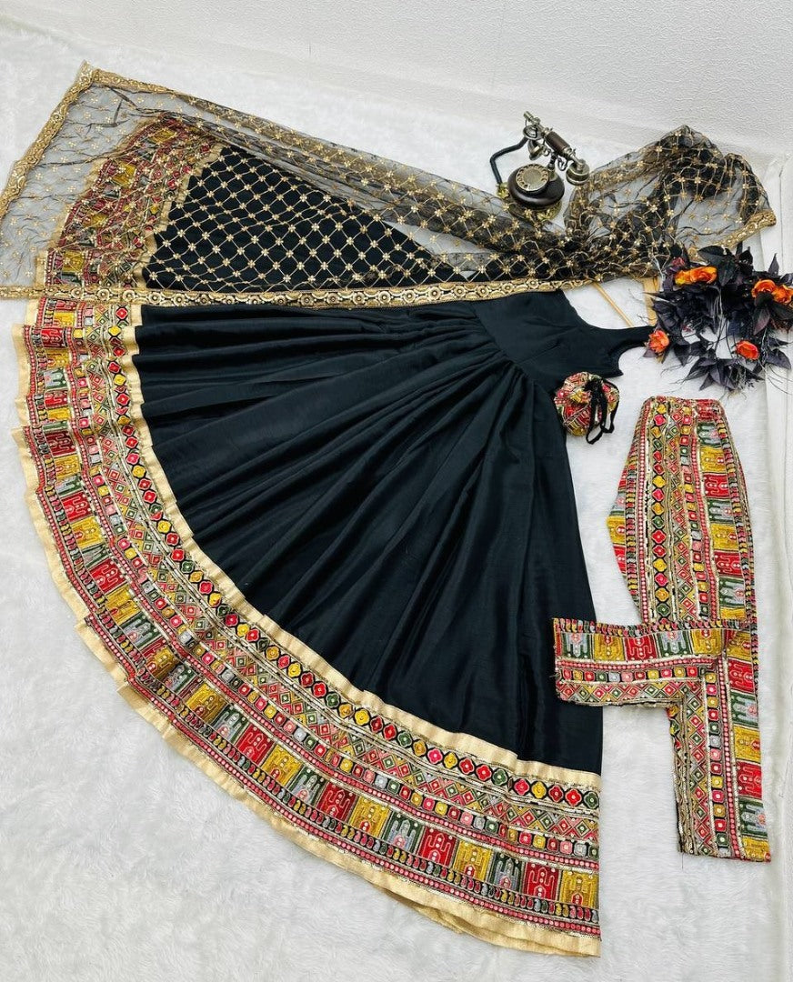 Black georgette heavy embroidered designer anarkali gown with hand bag