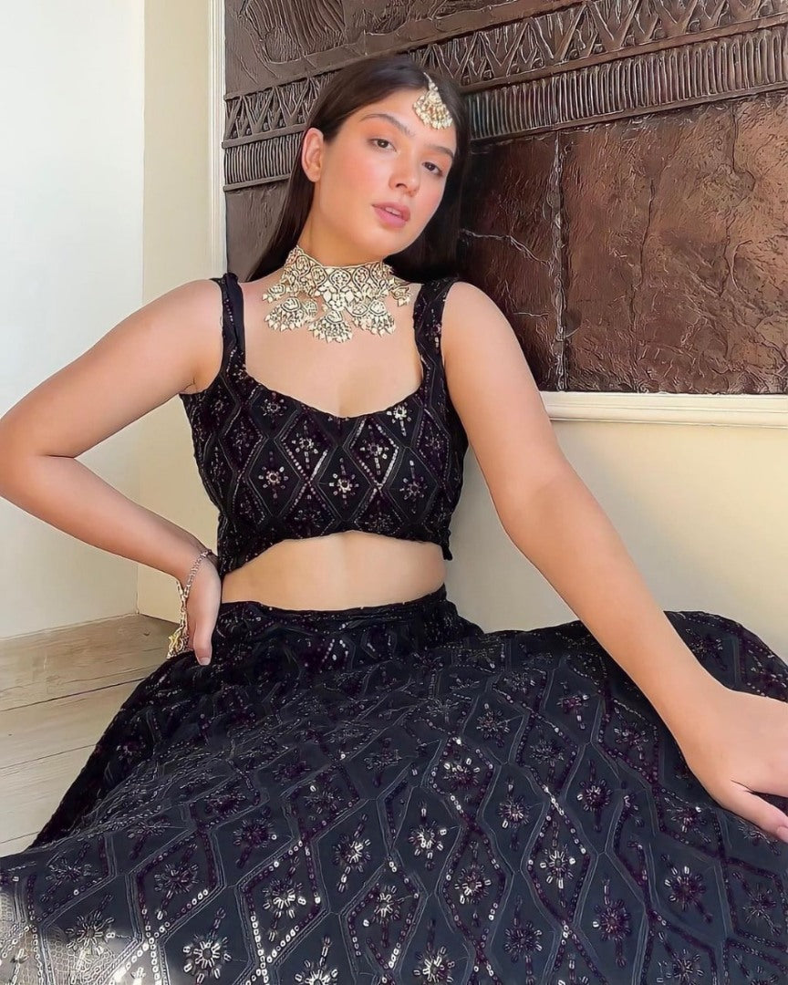 Black georgette heavy embroidered designer wedding lehenga choli