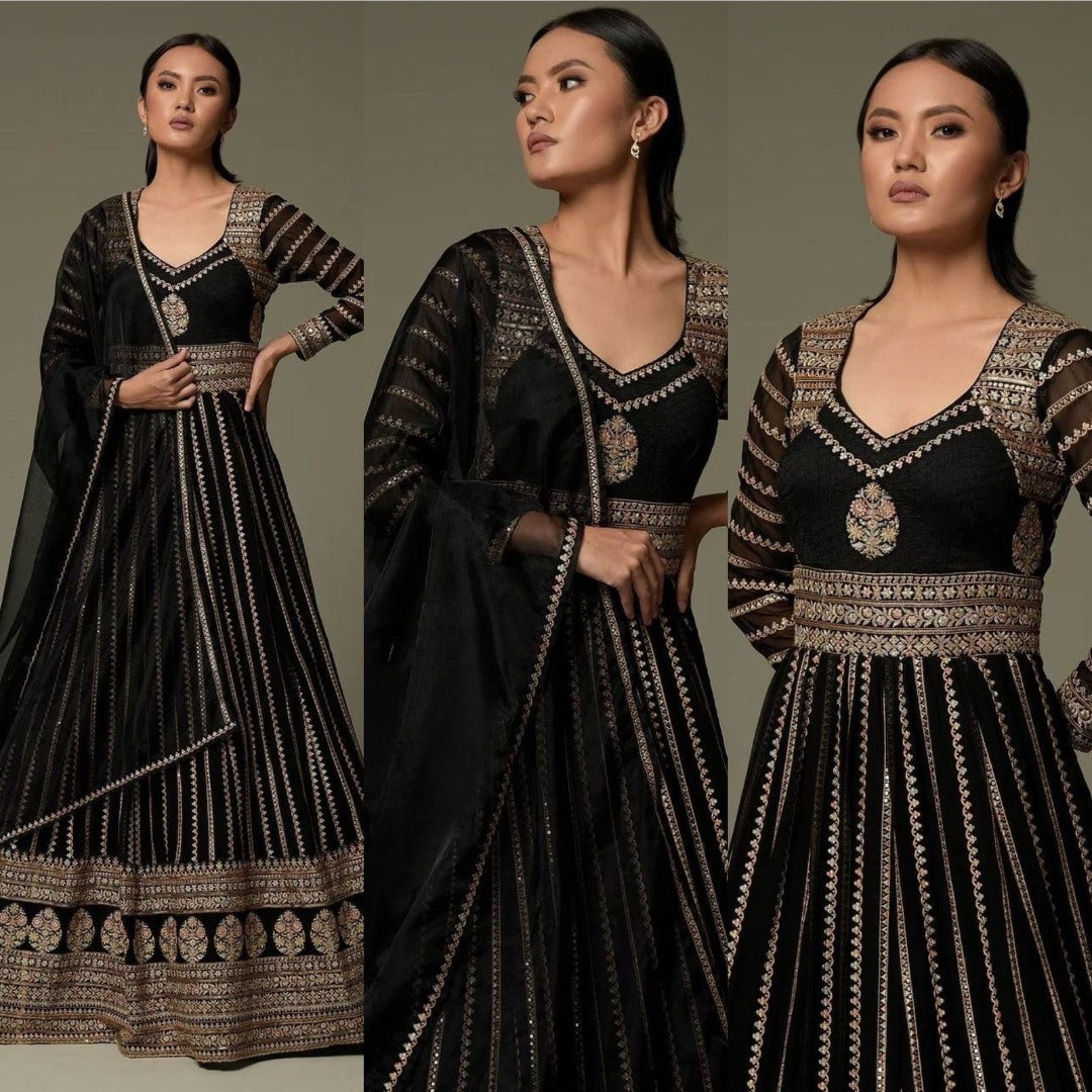 Black georgette heavy embroidered long gown for ceremony