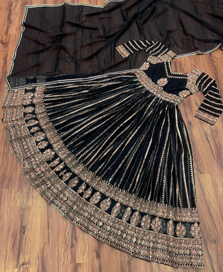 Black georgette heavy embroidered long gown for ceremony
