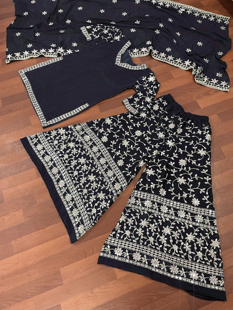 Black georgette heavy embroidered plazzo suit