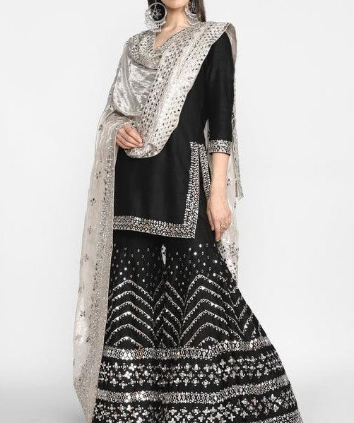 Black georgette heavy embroidered sharara salwar suit