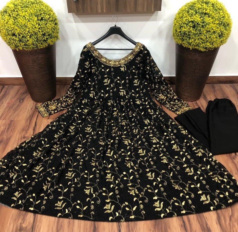 Black georgette heavy embroidered wedding gown