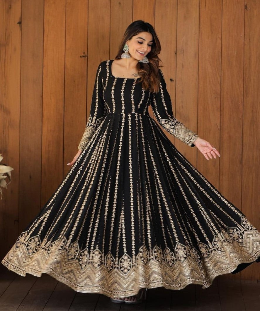 Black georgette heavy embroidery party wear gown
