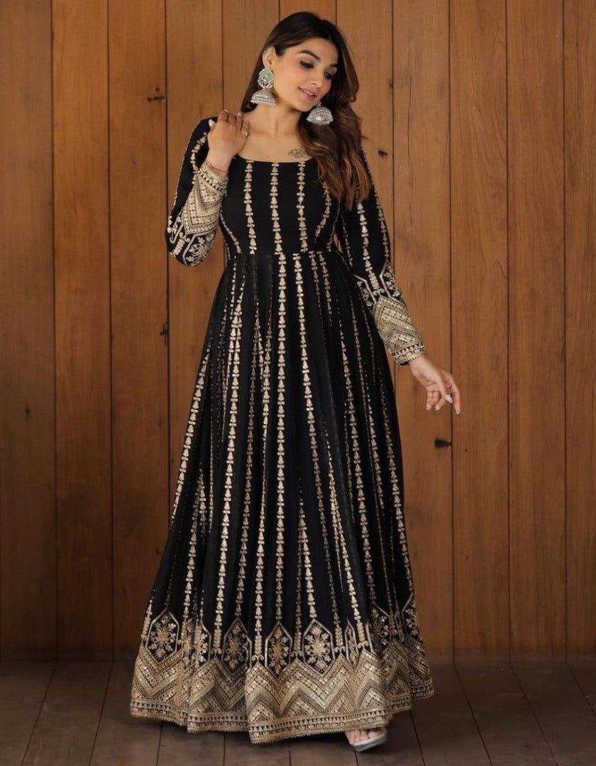 Black georgette heavy embroidery party wear gown