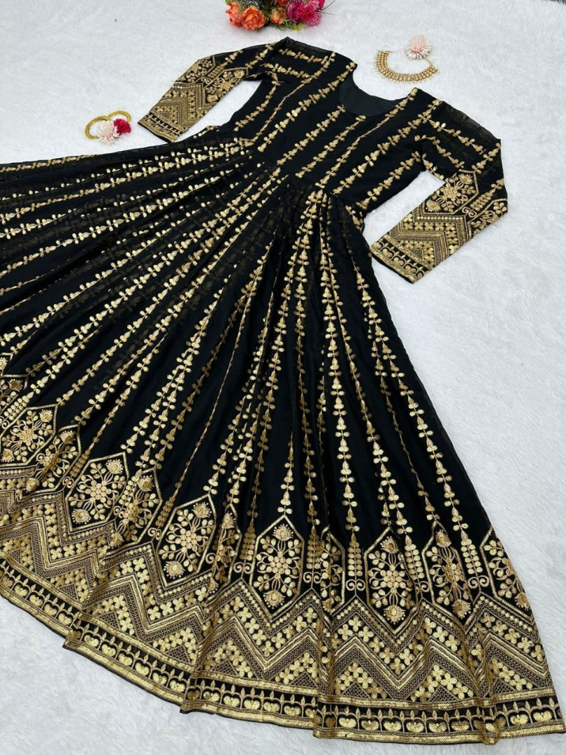 Black georgette heavy embroidery party wear gown