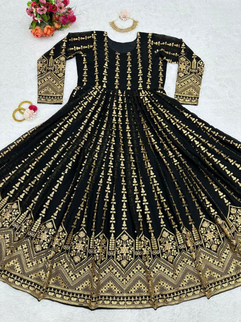 Black georgette heavy embroidery party wear gown