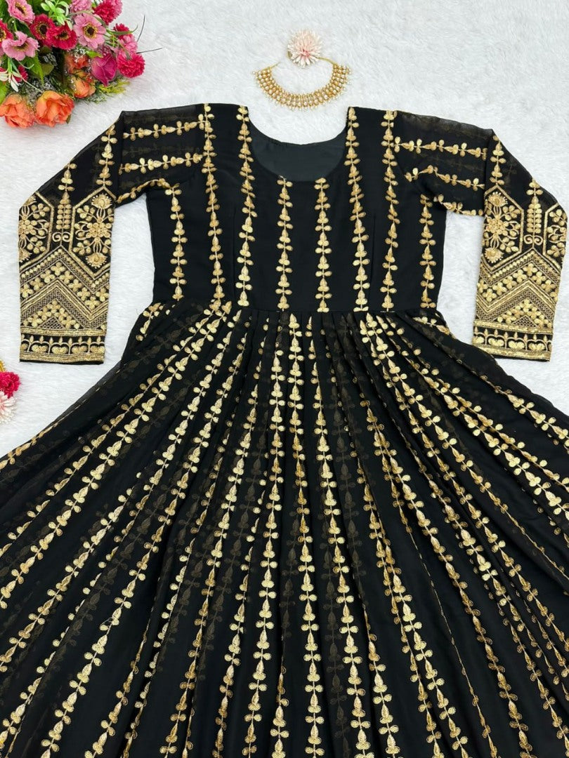 Black georgette heavy embroidery party wear gown