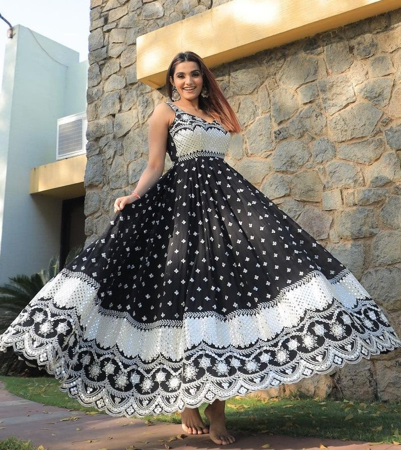 Black georgette heavy embroidery work gown