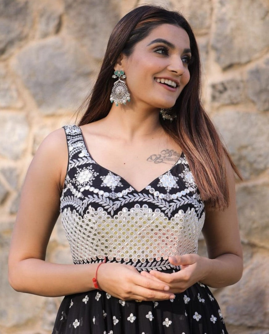 Black georgette heavy embroidery work gown