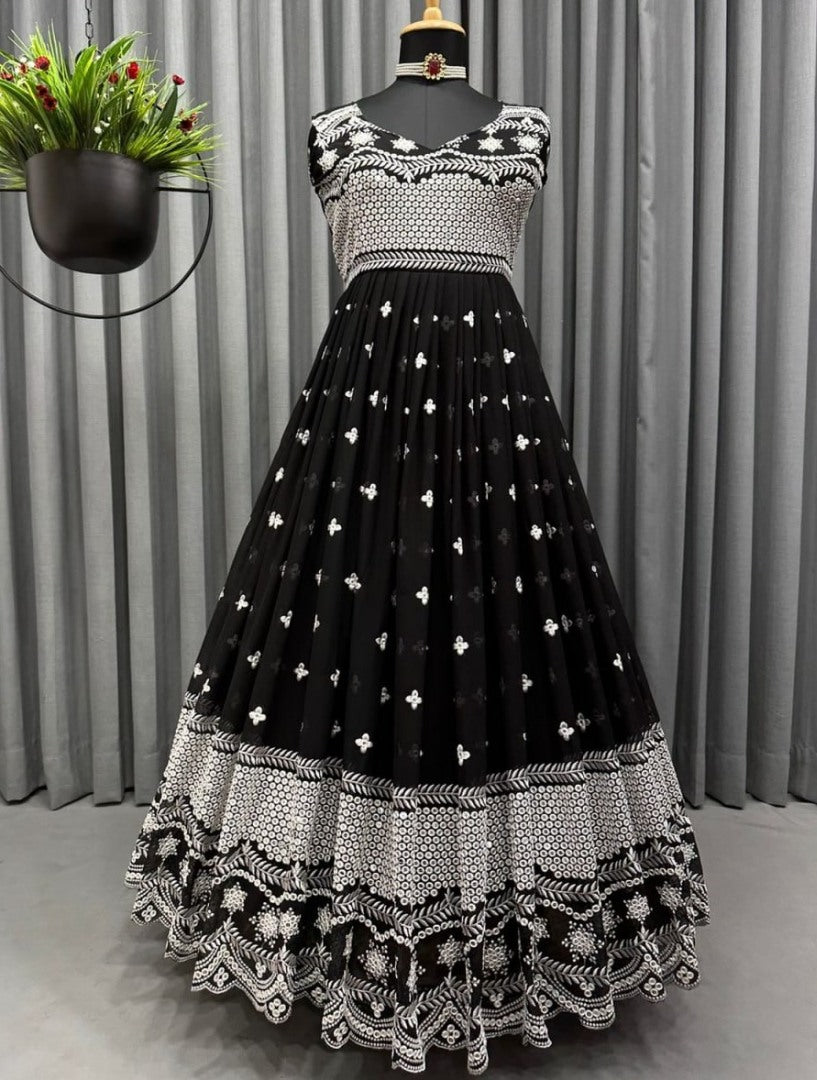 Black georgette heavy embroidery work gown