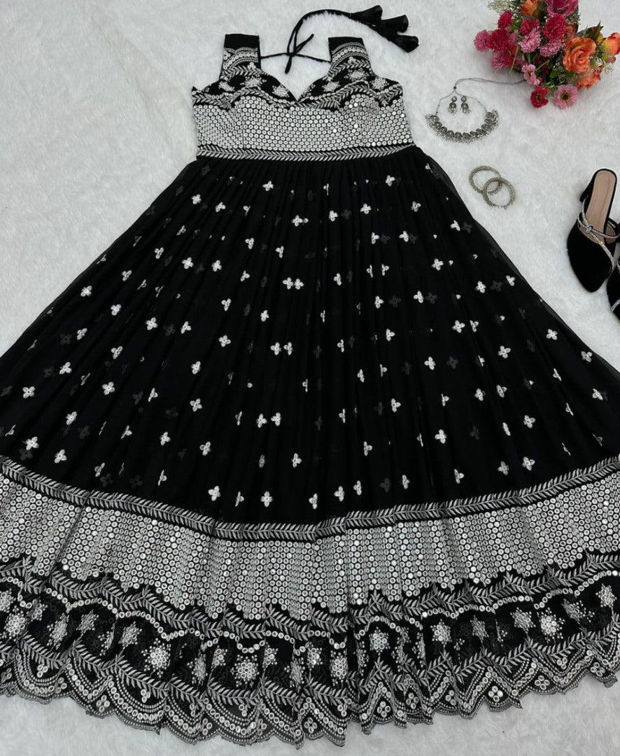 Black georgette heavy embroidery work gown