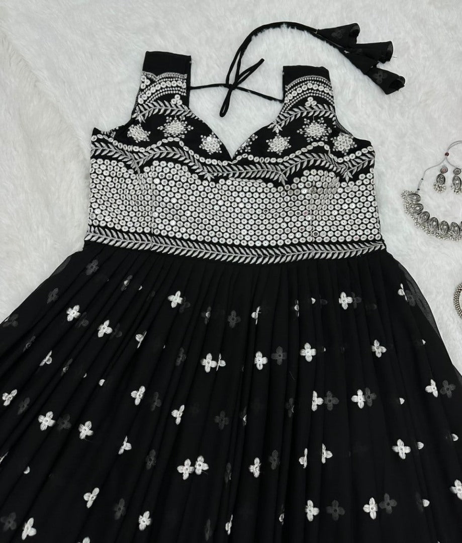 Black georgette heavy embroidery work gown