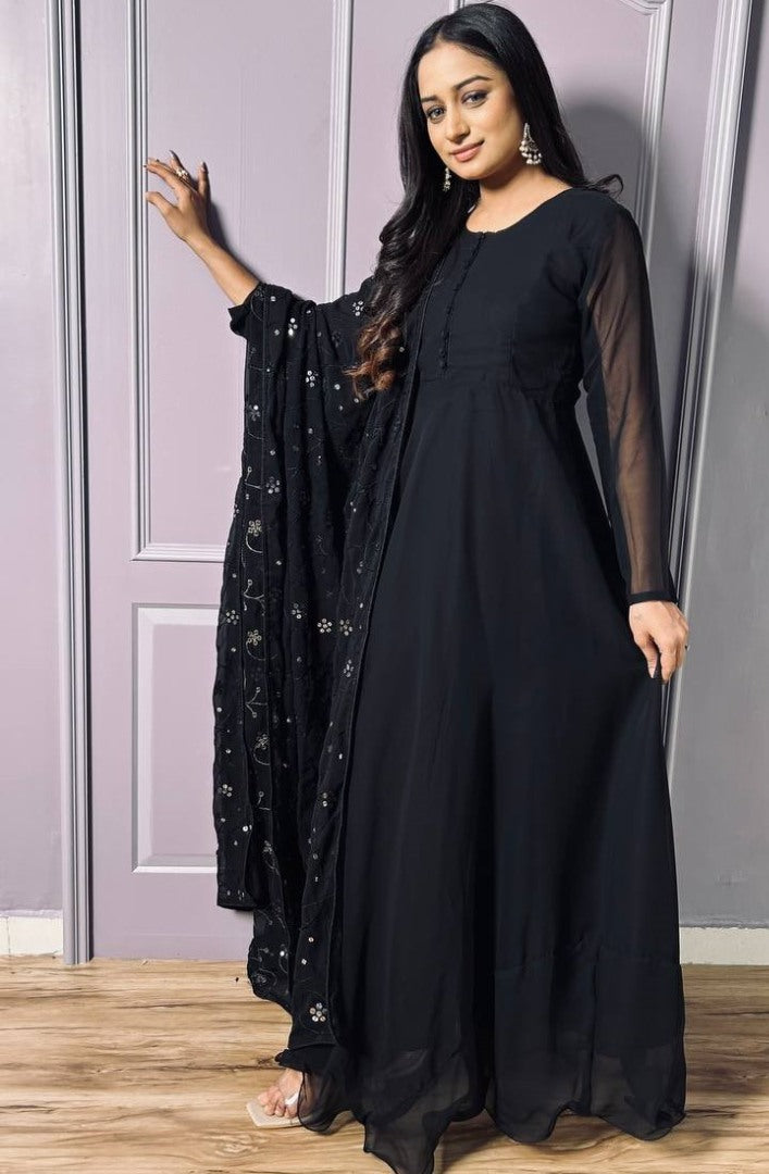 Black georgette heavy flair anarkali suit with heavy work dupatta