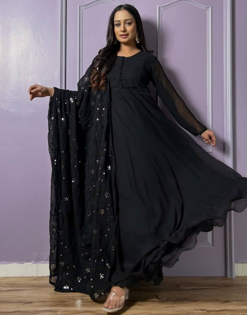 Black georgette heavy flair anarkali suit with heavy work dupatta