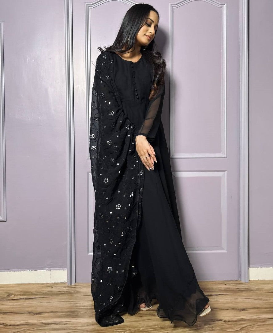 Black georgette heavy flair anarkali suit with heavy work dupatta