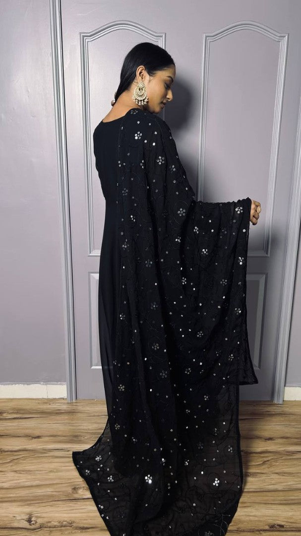 Black georgette heavy flair anarkali suit with heavy work dupatta