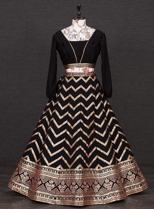 Black georgette heavy sequence embroidered crop top lehenga