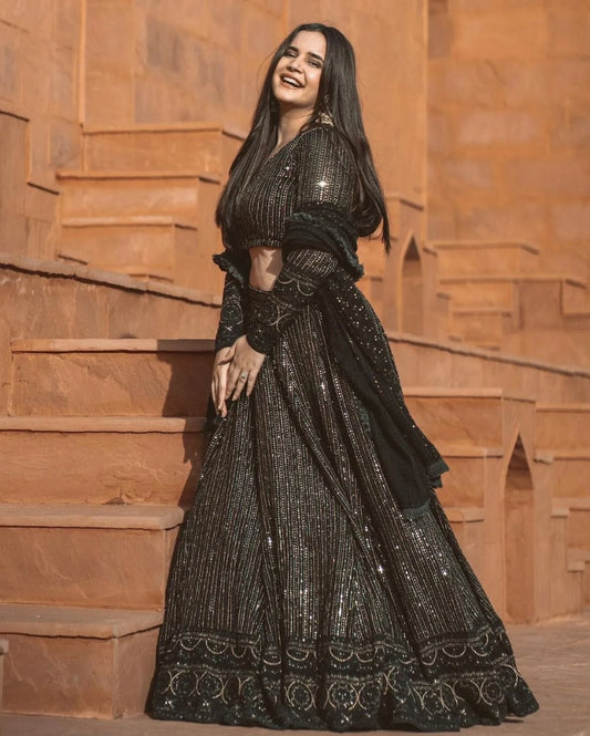 Black georgette heavy sequence embroidered lehenga choli for ceremony