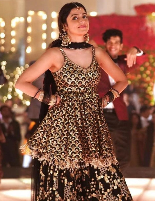 Black georgette heavy sequence embroidered sharara suit