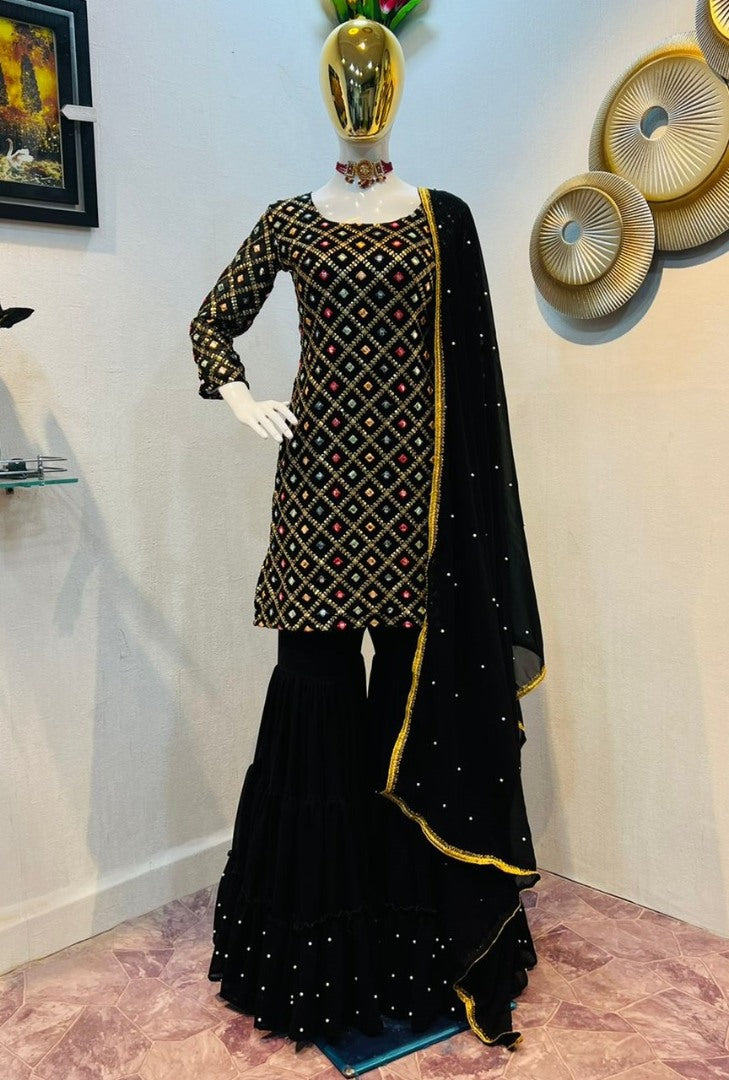Black georgette heavy sequence embroidered sharara suit
