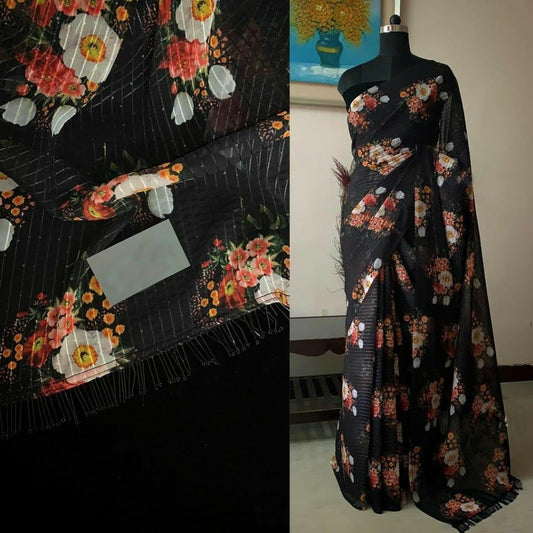 Black georgette heavy sequence flower printed saree