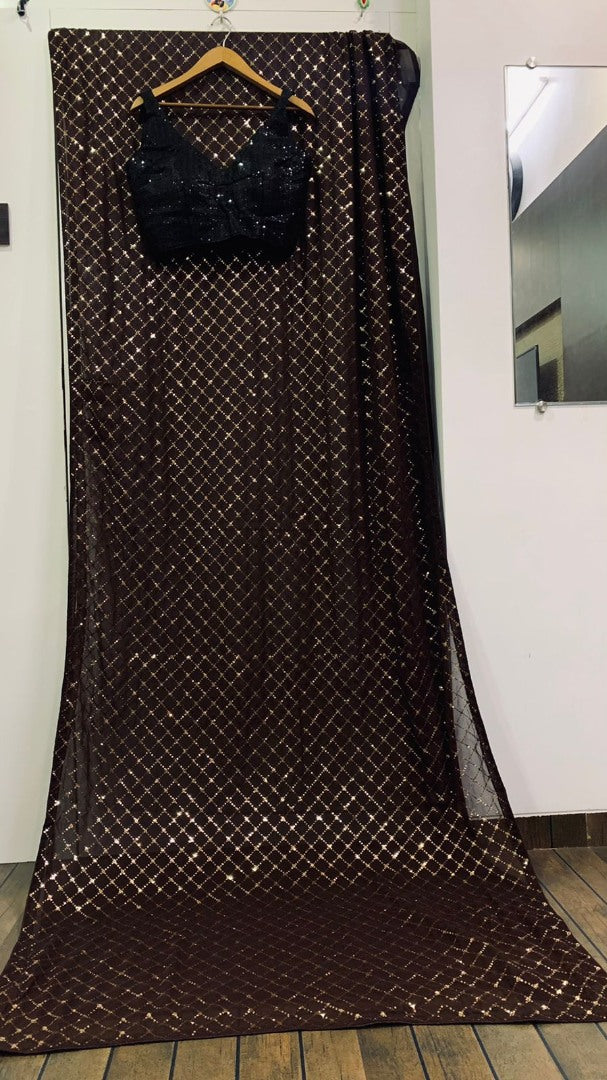 Black georgette heavy sequence work ceremonial saree
