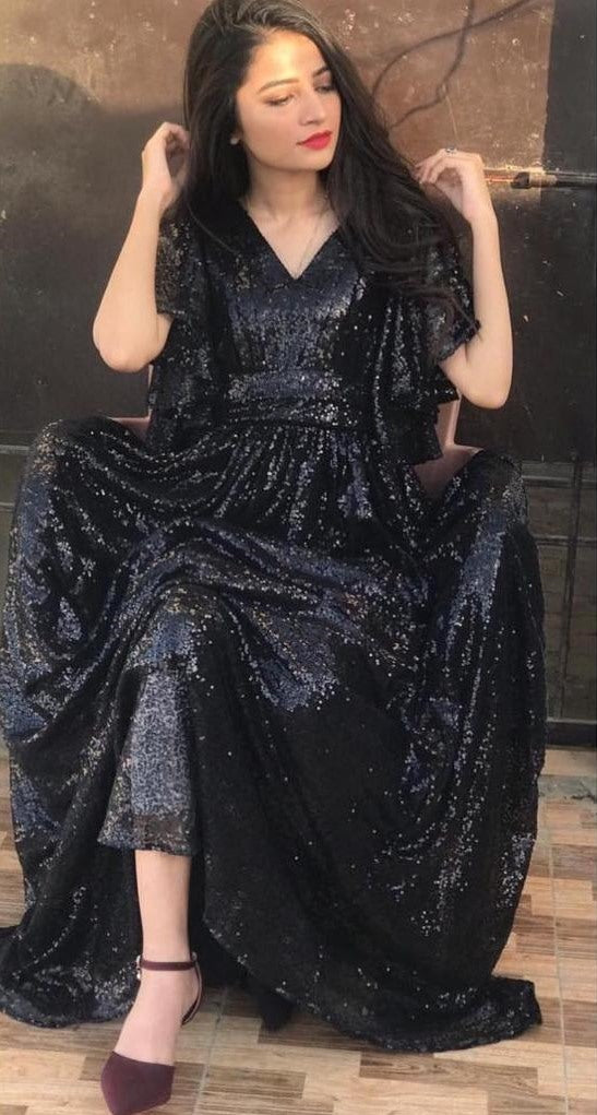 Black georgette heavy sequence work party wear gown