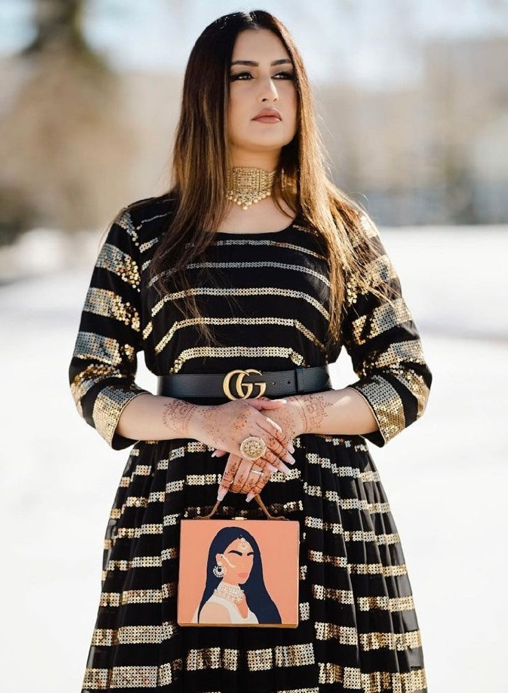 Black georgette heavy sequence work partywear gown with gucci belt