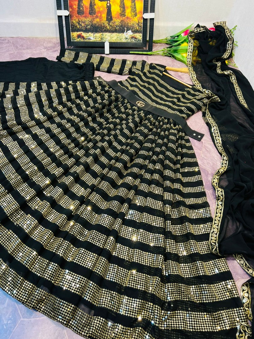 Black georgette heavy sequence work partywear gown with gucci belt