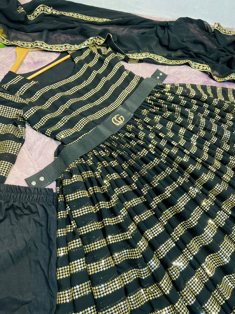 Black georgette heavy sequence work partywear gown with gucci belt