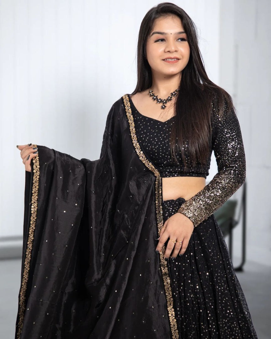 Black georgette heavy sequence work wedding lehenga choli