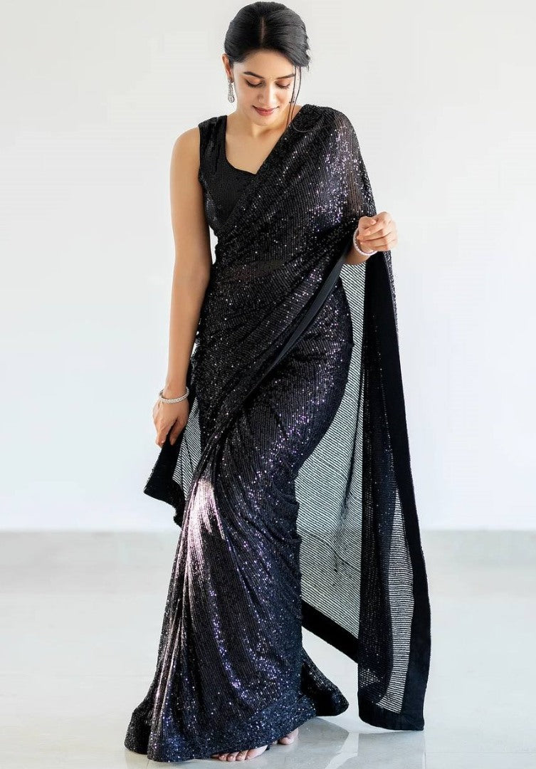 Black georgette heavy shiny sequence work party wear saree