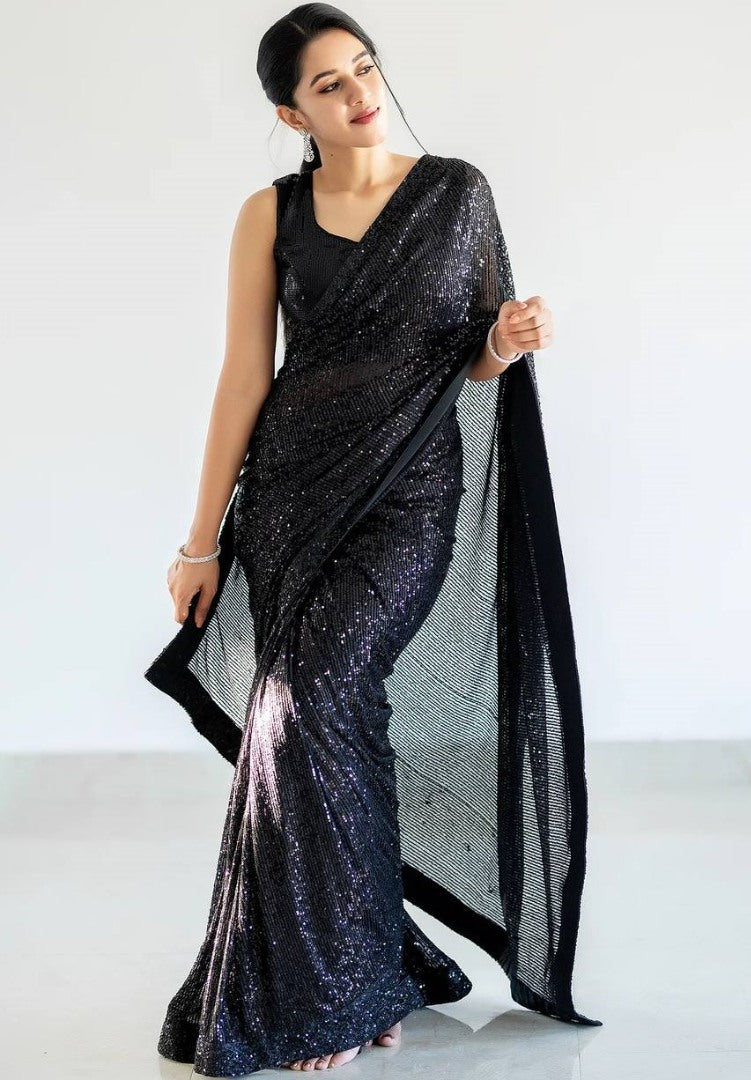 Black georgette heavy shiny sequence work party wear saree