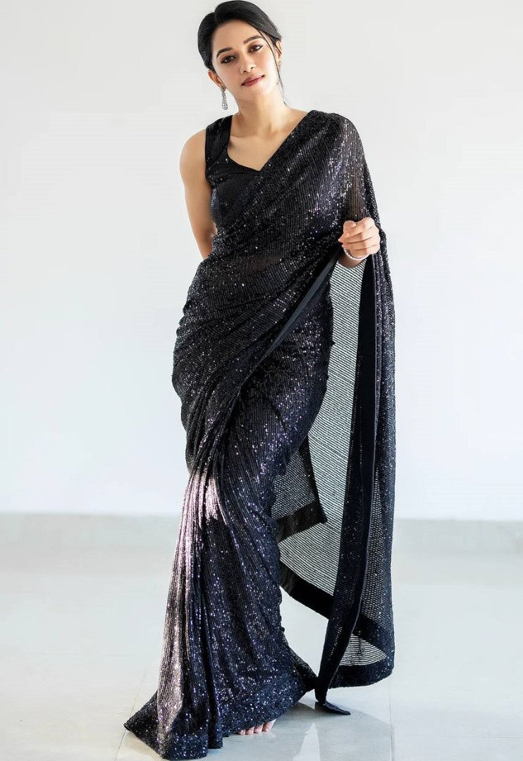 Black georgette heavy shiny sequence work party wear saree
