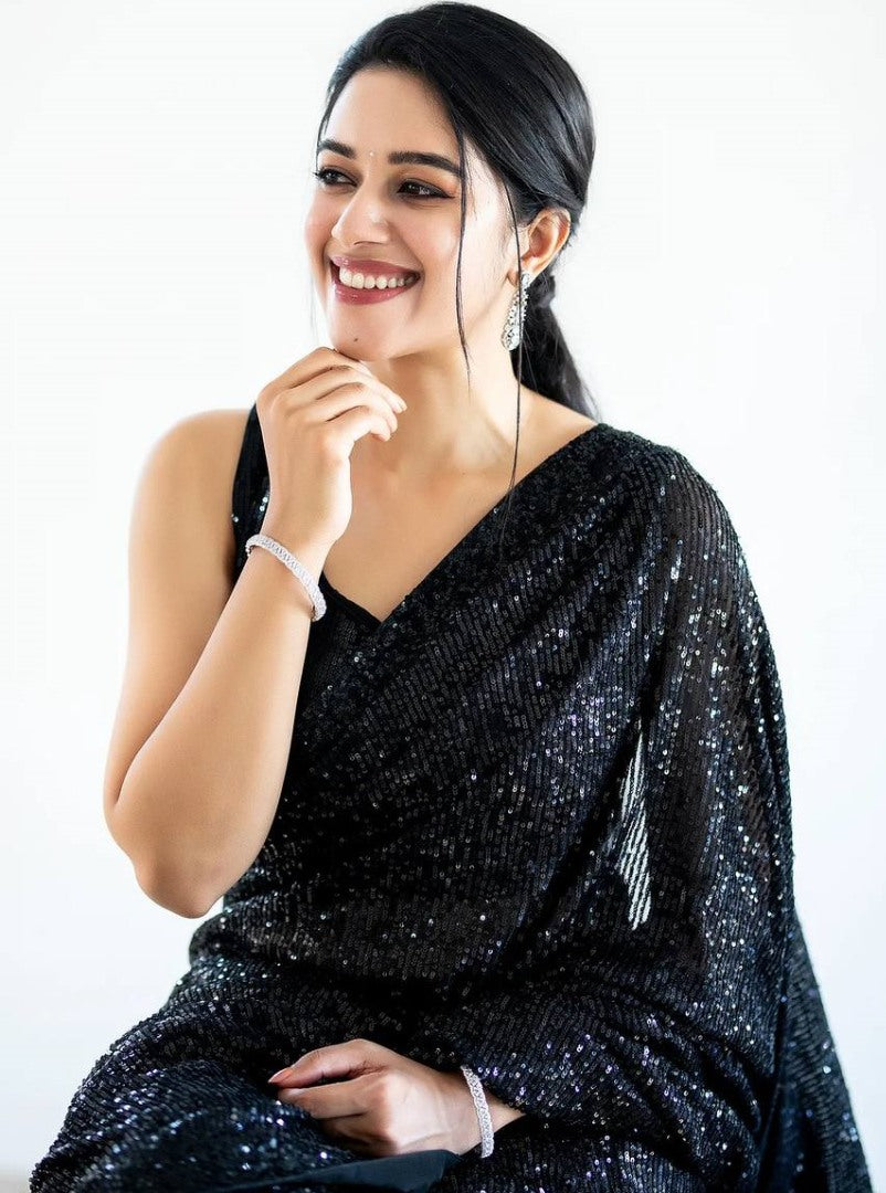 Black georgette heavy shiny sequence work party wear saree