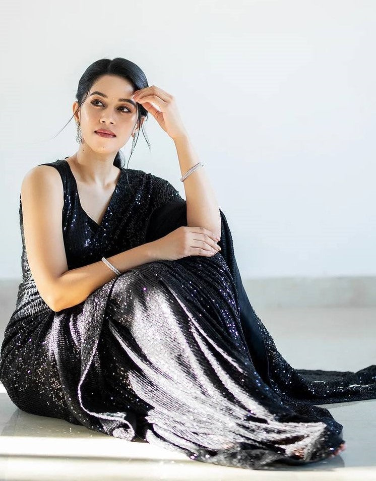 Black georgette heavy shiny sequence work party wear saree