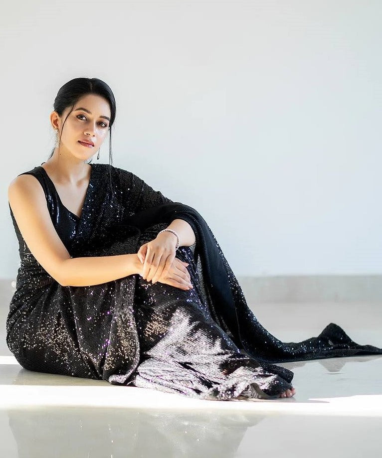 Black georgette heavy shiny sequence work party wear saree